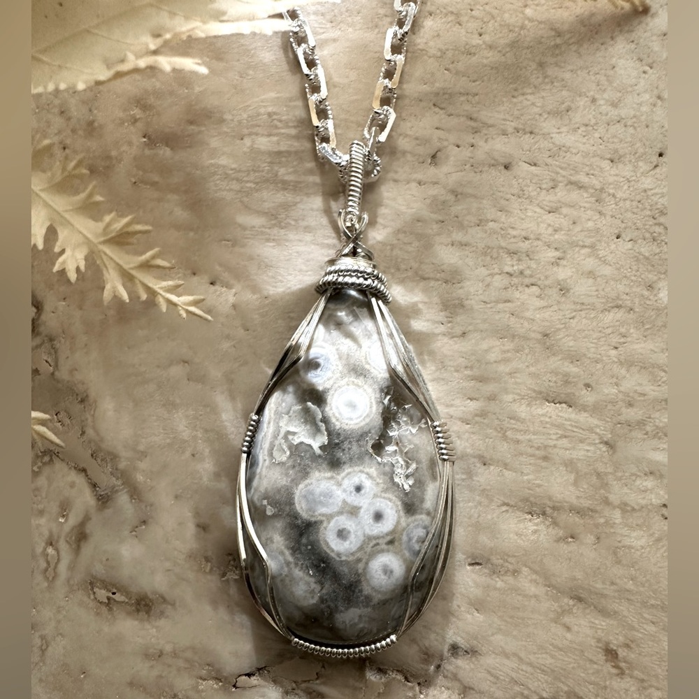 Sterling Silver Ocean Jasper Healing Stone Necklace Pendant